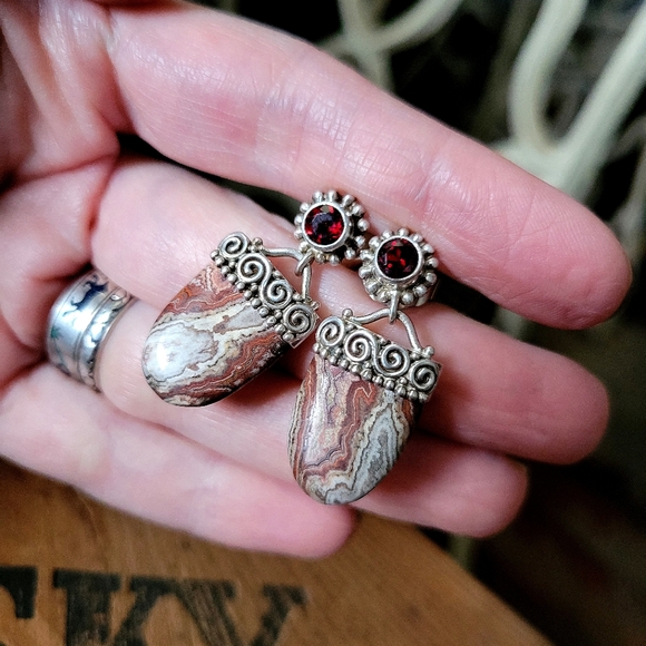Red Crazy Lace Agate and Garnet Drop Earrings - Picture 6 of 6